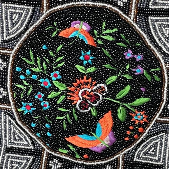 Beaded Embroidered Bird Butterfly Bag Black Shoulder Tote Bag - Picture 4 of 9